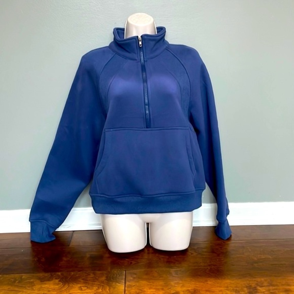 Navy Blue Half Zip Crop Pullover - Picture 3 of 11